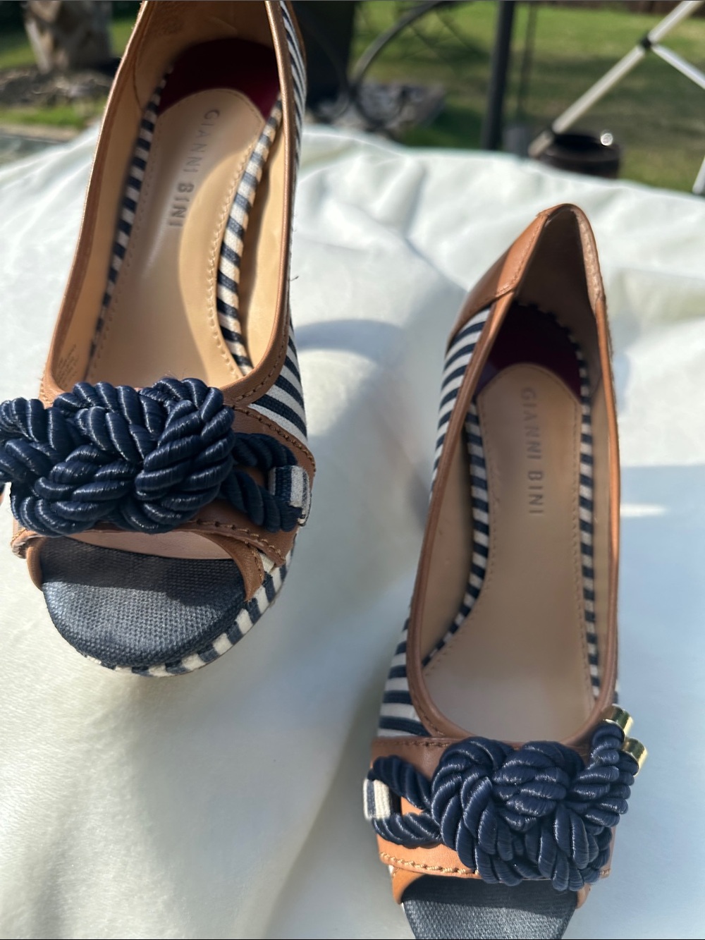 Gianni Bini Navy and White Striped Peep-Toe Heels with Tan Trim